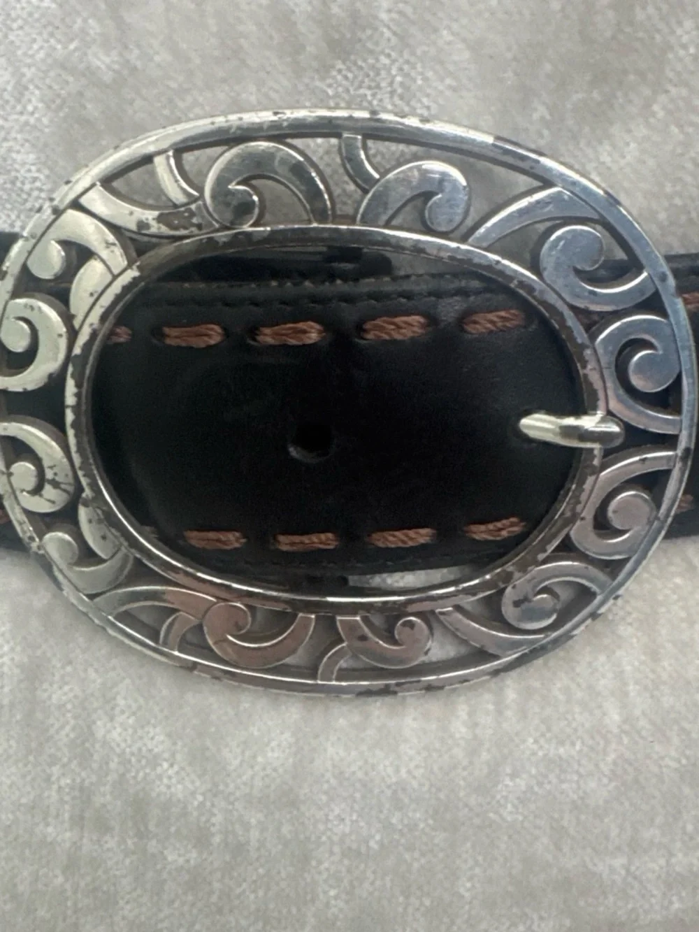 Brighton Black Leather Belt with Silver Filigree Oval Buckle